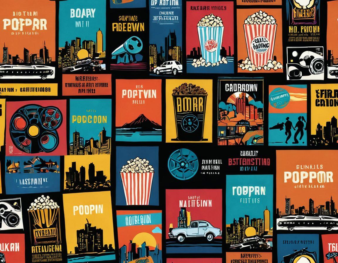A dynamic collage featuring iconic blockbuster movie posters alongside vibrant indie film visuals, merging classic cinema elements with modern storytelling motifs. Include a film reel unraveling through the center, adorned with colorful projectors and popcorn, creating a cinematic atmosphere. The background should blend urban and nature scenes, symbolizing diverse film genres and trends. super-realistic. vibrant colors. cinematic style.