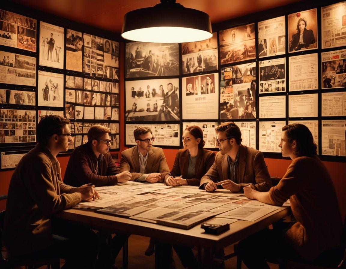 A visually captivating scene displaying a diverse group of filmmakers discussing over a large storyboard, surrounded by iconic film posters and tools like cameras and clapperboards. The background features a dramatic film set illuminated by warm lighting, creating an inviting atmosphere. Elements of various film genres are subtly incorporated, enhancing the storytelling theme. vibrant colors. cinematic style. intricate details.