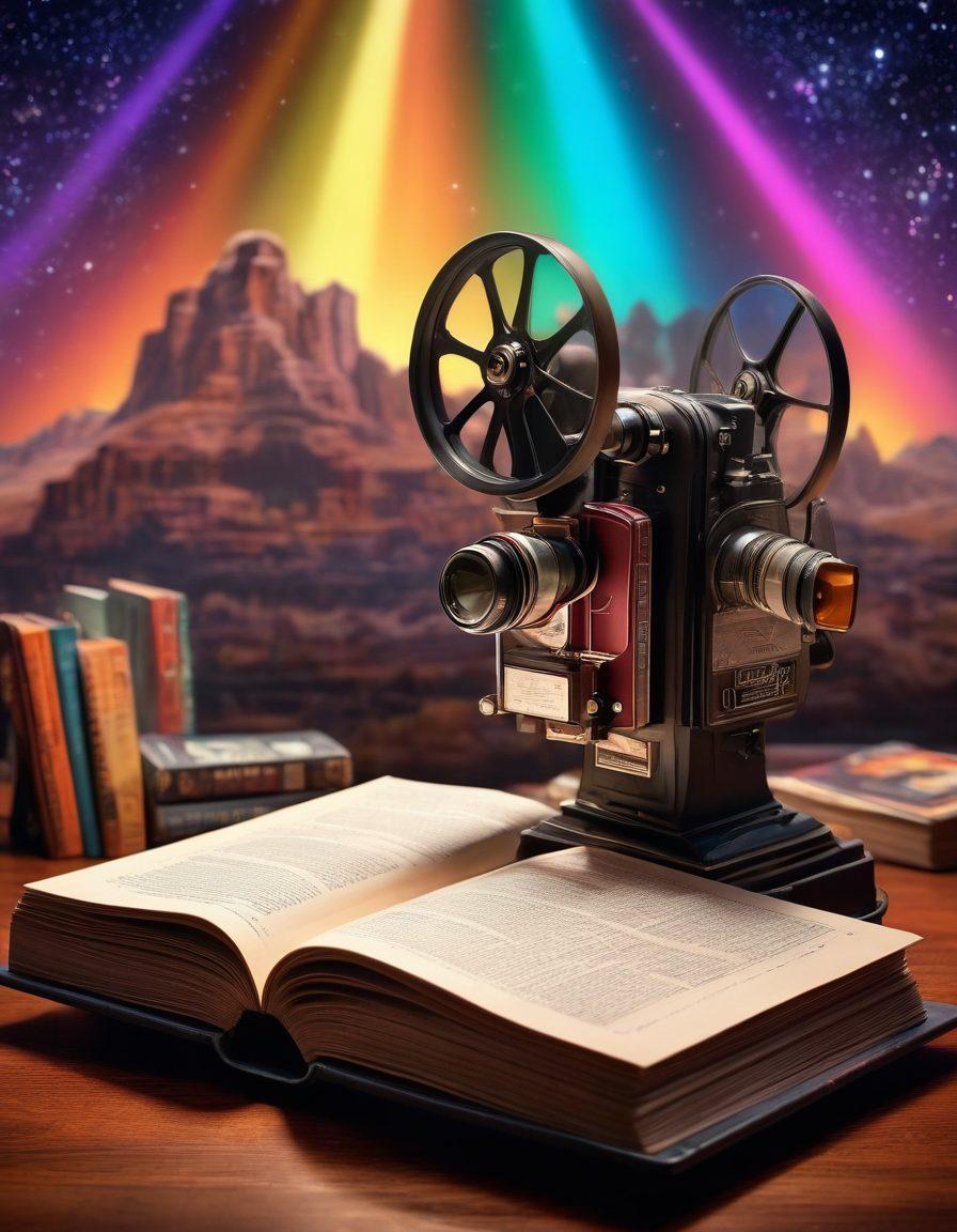 A cinematic landscape featuring a vintage film projector casting colorful light onto an open book filled with film reviews, amidst a backdrop of iconic movie posters. Incorporate a film reel unwinding into a path of stars, symbolizing journeys through cinema. Enhance with rich, vibrant colors to evoke emotion and wonder. super-realistic. vibrant colors. cinematic style.